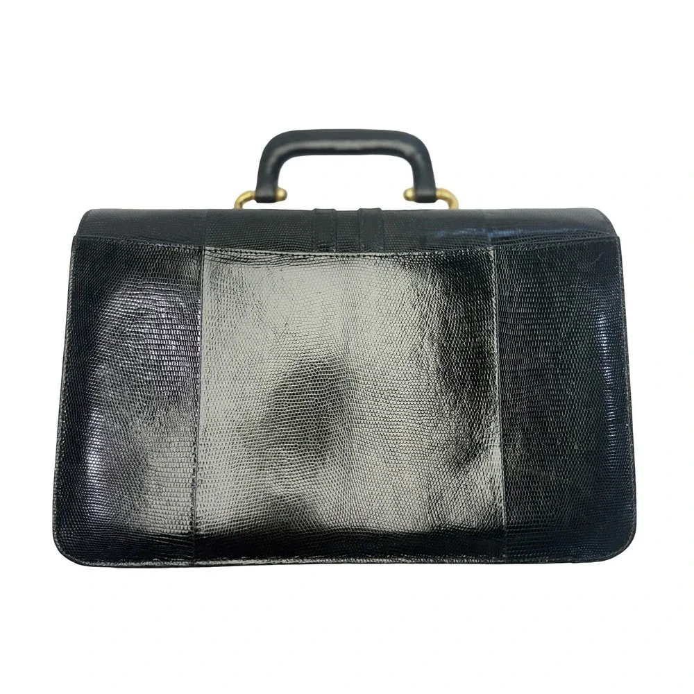 Vintage Black‎ Lizard Embossed Leather Top Handle Strap Purse Bag Gold Hardware